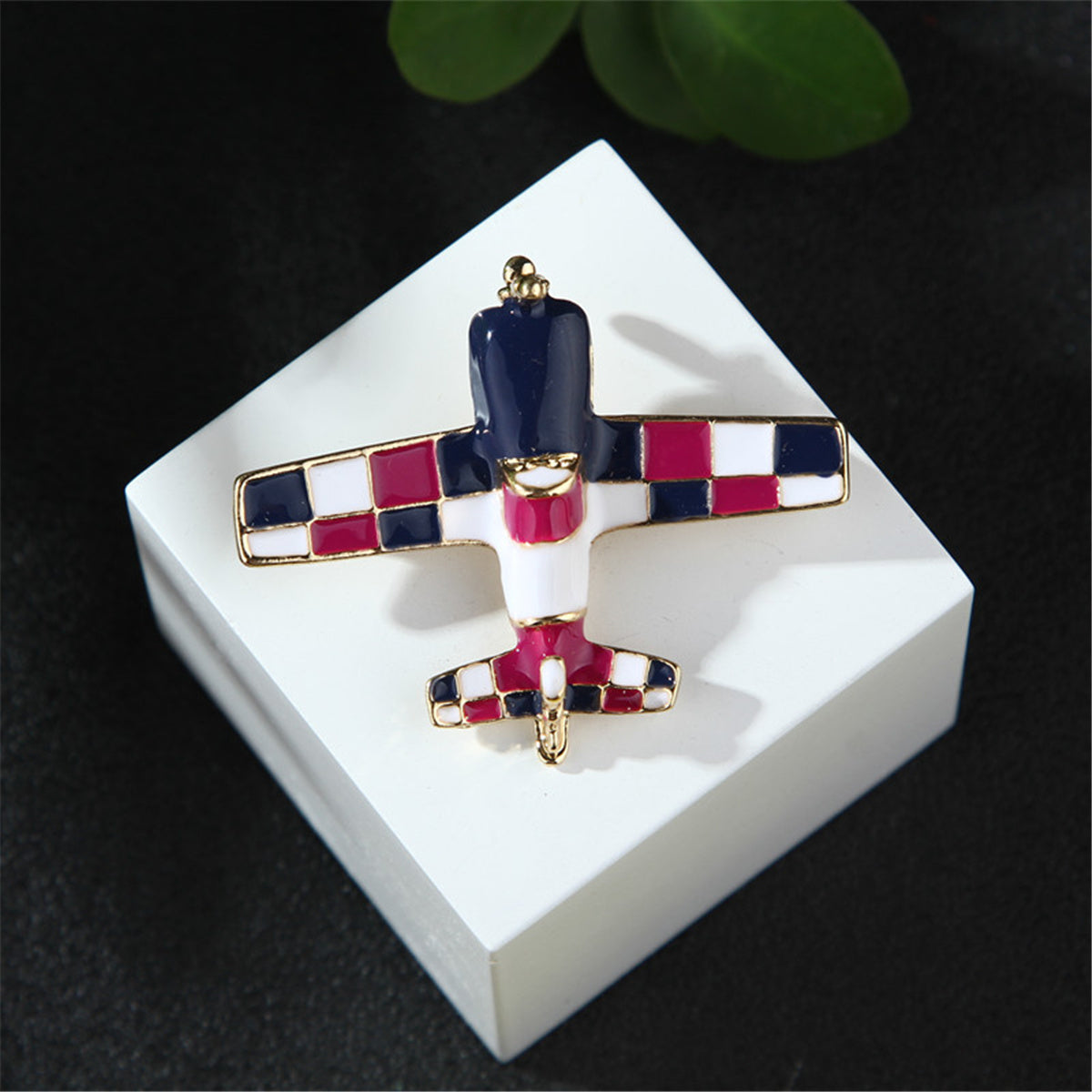 Navy Blue & Rose Red Enamel 18K Gold-Plated Airplane Brooch