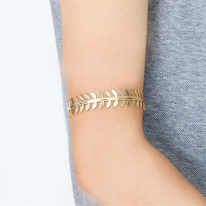18K Gold-Plated Leaves Bypass Arm Cuff, botanical inspired, front view