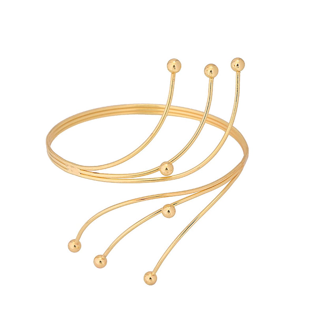 Fashionable 18K gold-plated beaded arm cuff with a bypass design, highlighted by four striking decorative balls.