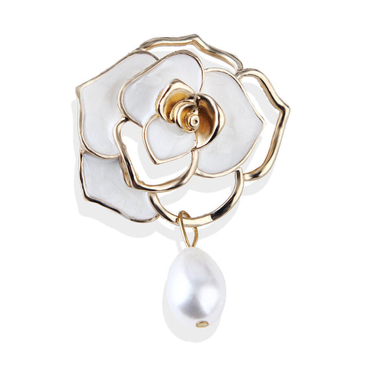 White Enamel and Pearl 18K Gold-Plated Camellia Flower Brooch, gold brooch pin, dainty minimalist design, front view
