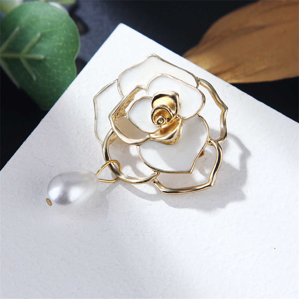 White Enamel & Pearl 18K Gold-Plated Camellia Flower Brooch