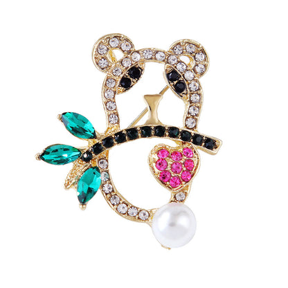 Crystal and Cubic Zirconia Pearl 18K Gold-Plated Openwork Panda Brooch, gold brooch pin, everyday style, front view