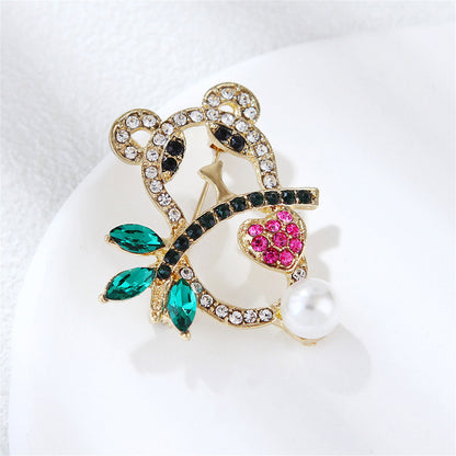 Crystal and Cubic Zirconia Pearl 18K Gold-Plated Openwork Panda Brooch, gold brooch pin, everyday style, detail close-up