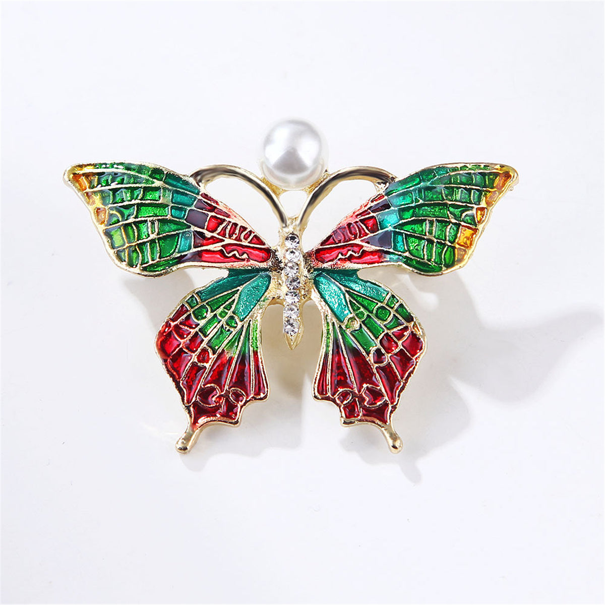 Pearl and Cubic Zirconia Multicolor Enamel 18K Gold-Plated Butterfly Brooch, gold brooch pin, elegant gift for her, side view