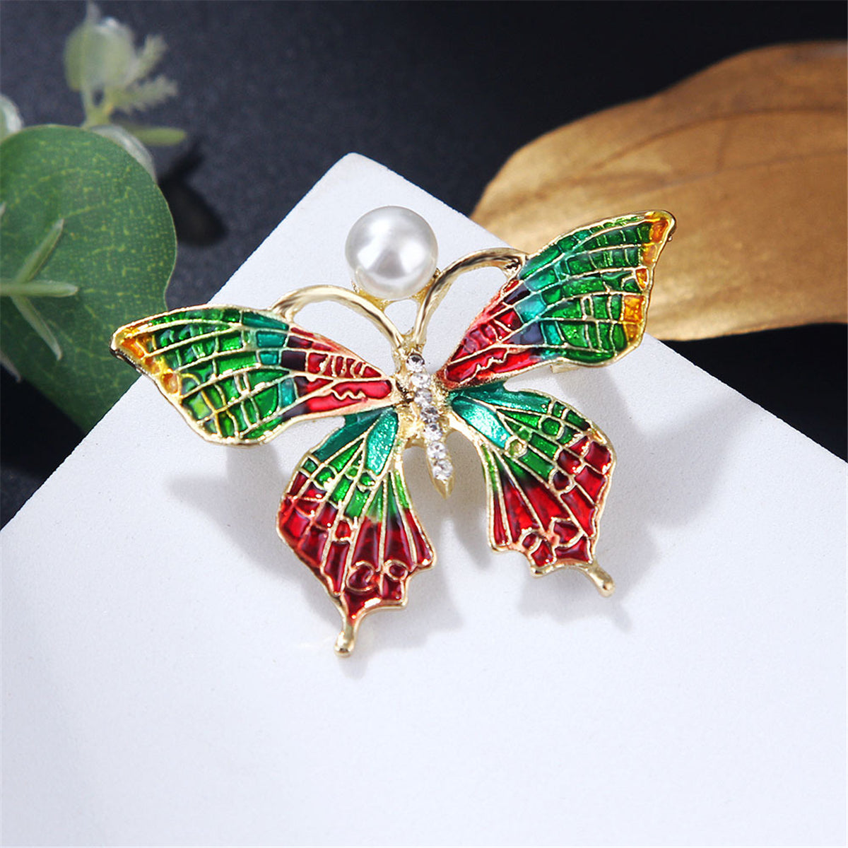 Pearl and Cubic Zirconia Multicolor Enamel 18K Gold-Plated Butterfly Brooch, gold brooch pin, front view