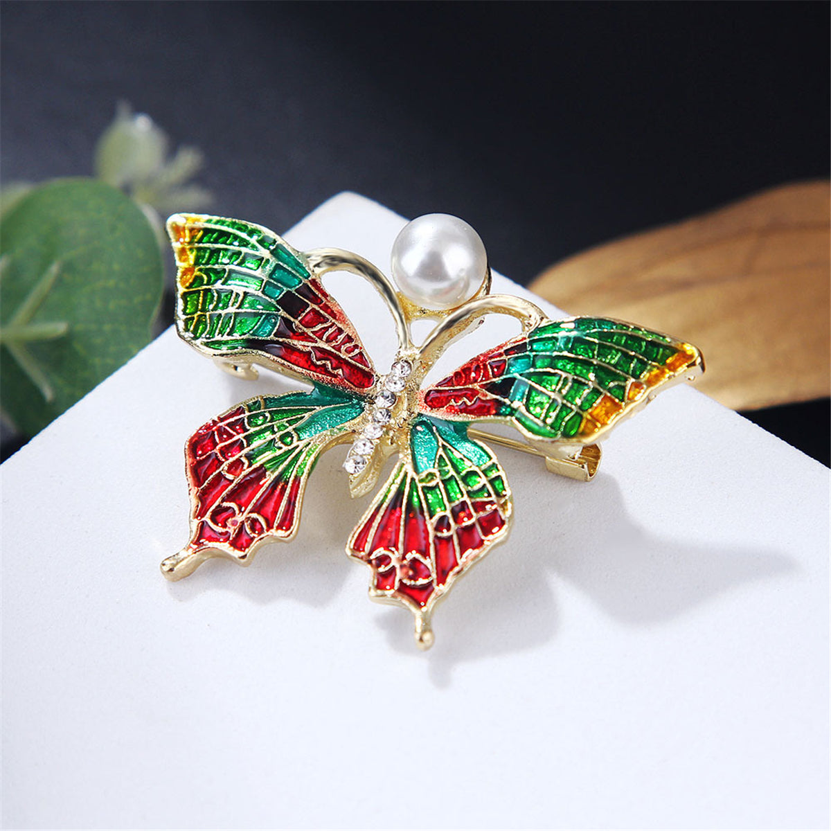 Pearl and Cubic Zirconia Multicolor Enamel 18K Gold-Plated Butterfly Brooch, gold brooch pin, detail close-up