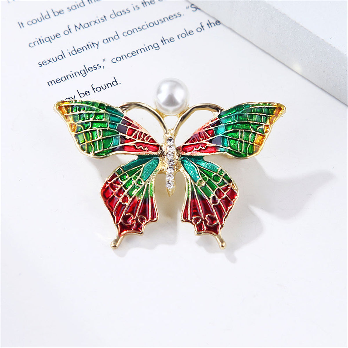 Pearl and Cubic Zirconia Multicolor Enamel 18K Gold-Plated Butterfly Brooch, gold brooch pin, lifestyle look