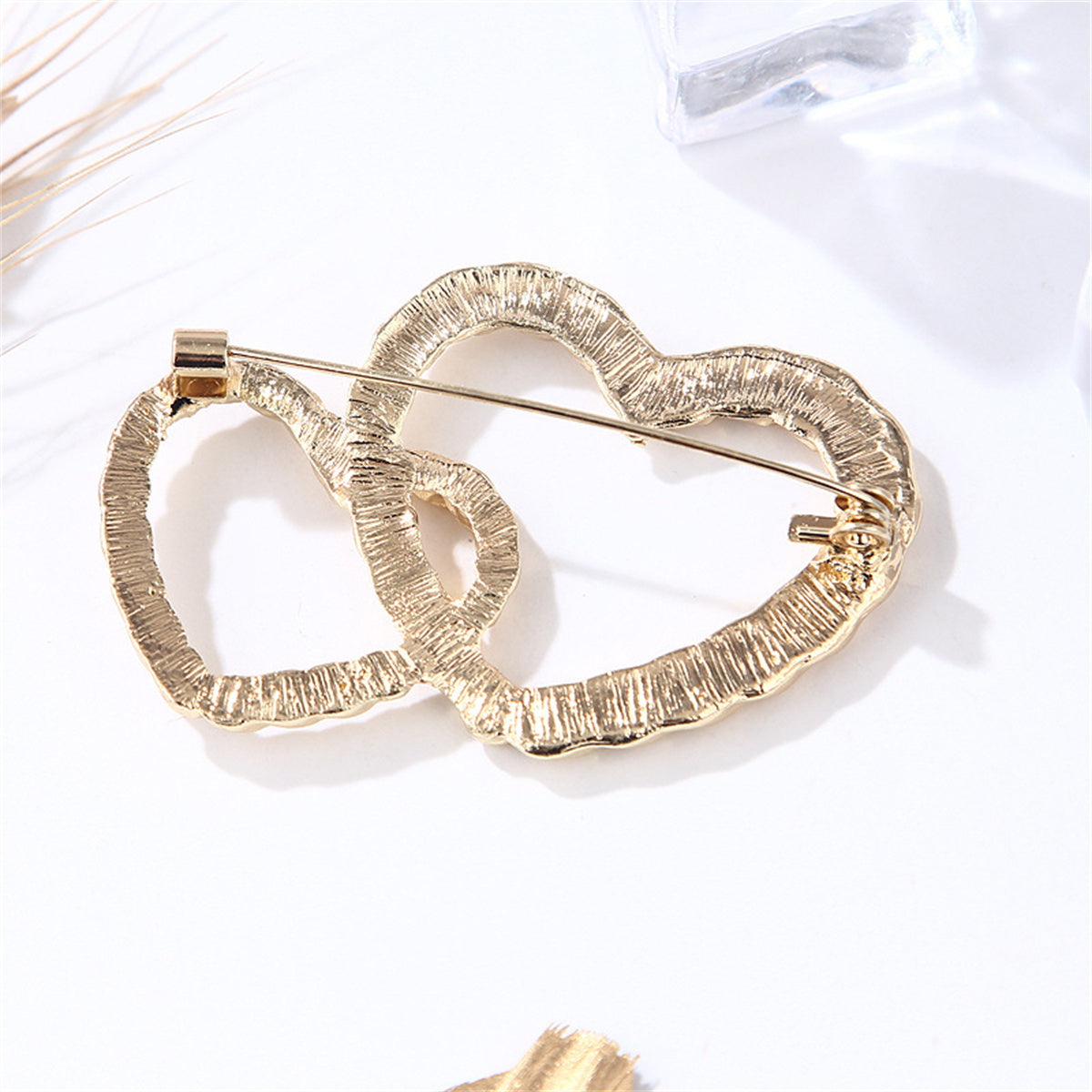 18K Gold-Plated Double Openwork Heart Brooch