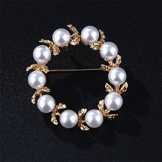 Pearl and 18K Gold-Plated Ring Leaf Brooch, gold brooch pin, elegant gift for her, front view