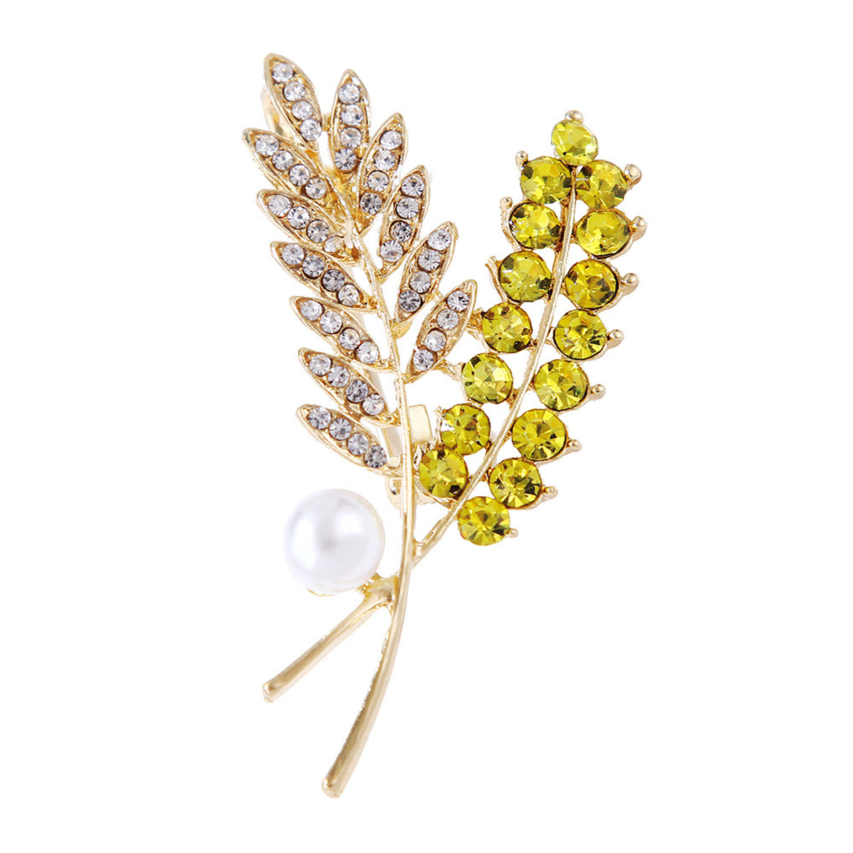 Cubic Zirconia and Pearl 18K Gold-Plated Wheat Brooch, gold brooch pin, dainty minimalist design, front view