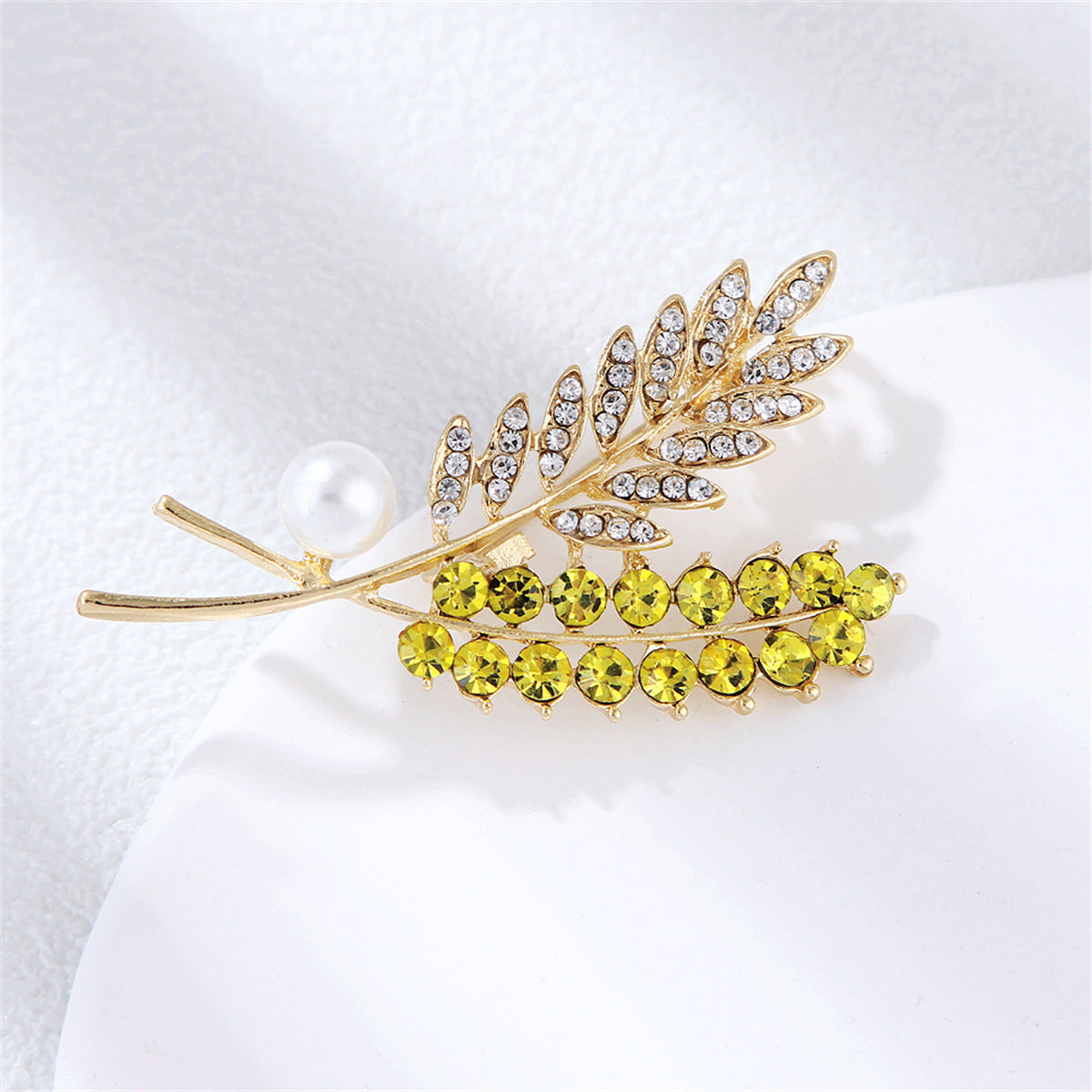 Cubic Zirconia and Pearl 18K Gold-Plated Wheat Brooch, gold brooch pin, dainty minimalist design, side view