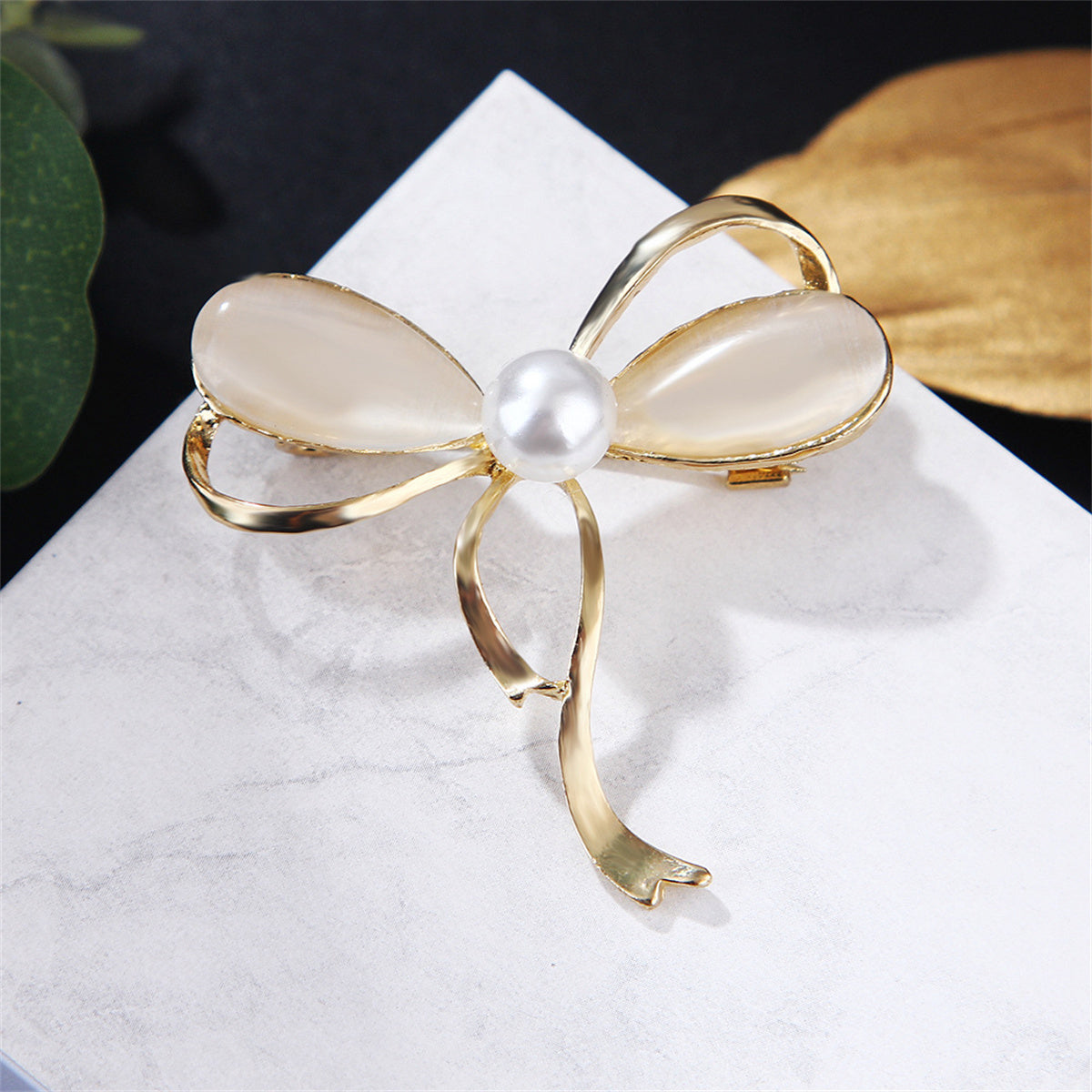 Pearl & Cats Eye 18K Gold-Plated Bow Brooch