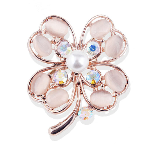 Cateye and Pearl Cubic Zirconia 18K Gold-Plated Clover Brooch, gold brooch pin, vintage-inspired design, front view