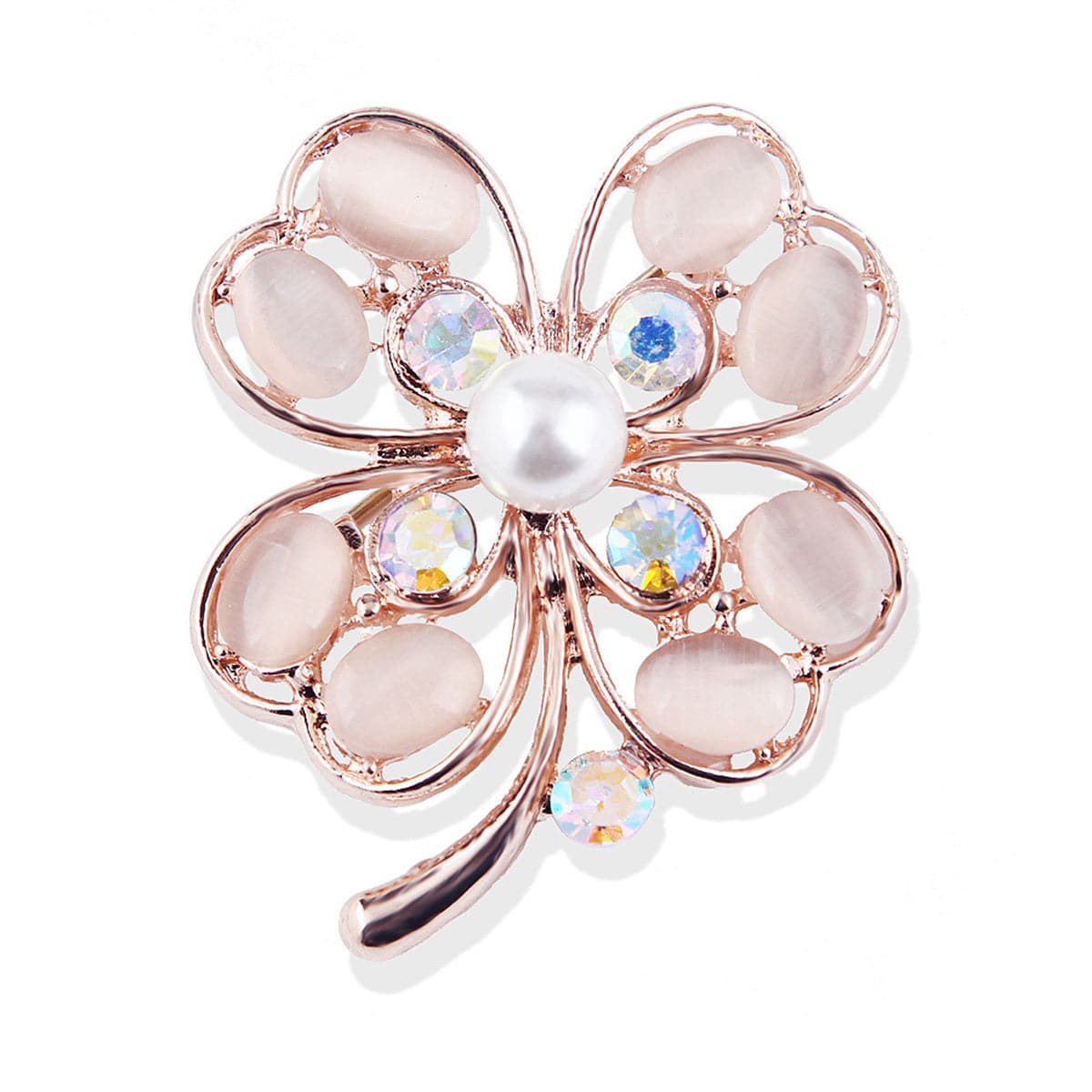 Cateye & Pearl Cubic Zirconia 18K Gold-Plated Clover Brooch