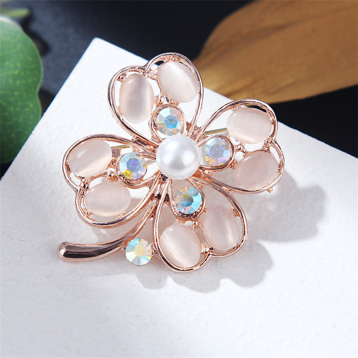 Cateye & Pearl Cubic Zirconia 18K Gold-Plated Clover Brooch