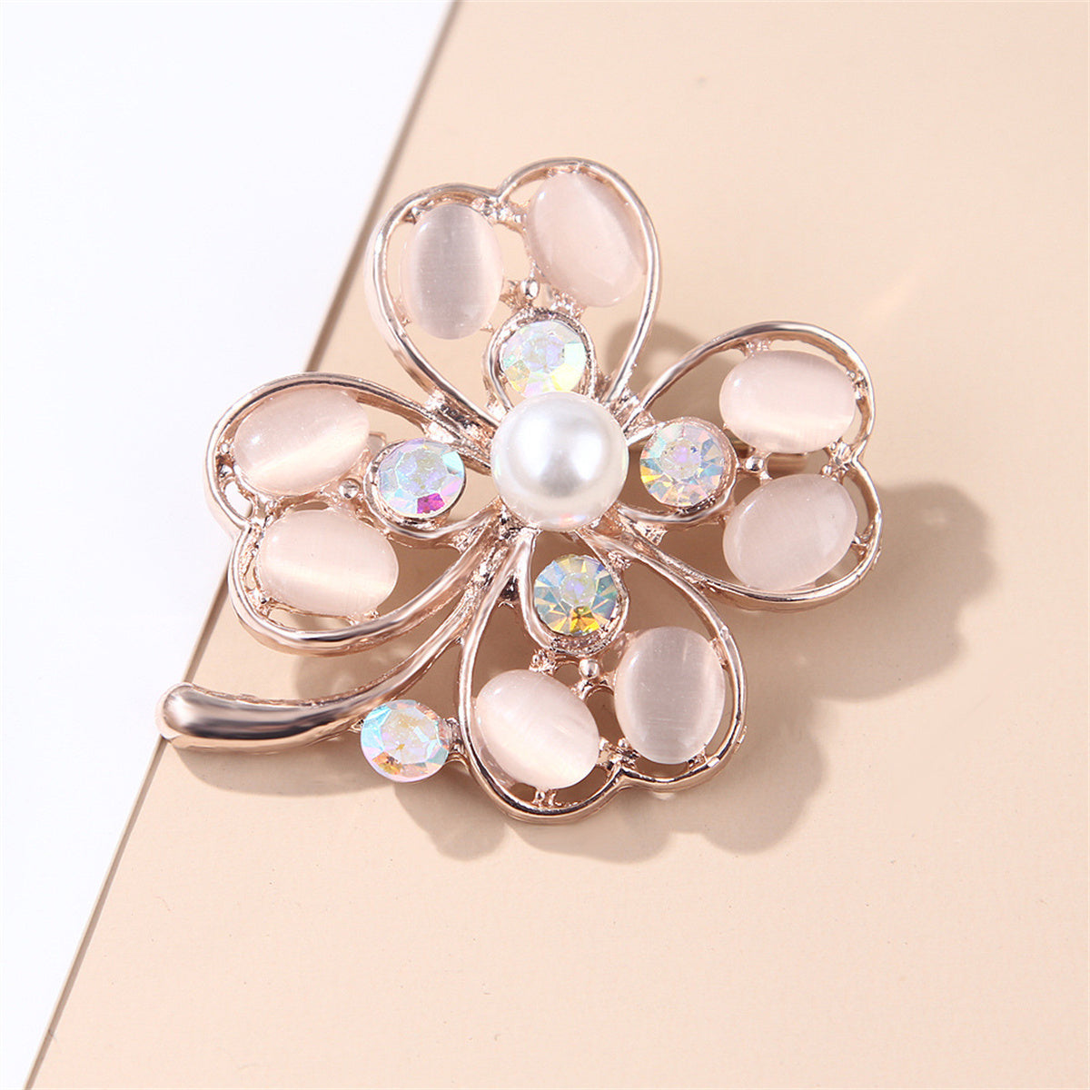 Cateye & Pearl Cubic Zirconia 18K Gold-Plated Clover Brooch