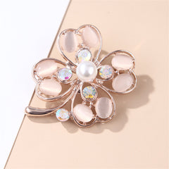 Cateye & Pearl Cubic Zirconia 18K Gold-Plated Clover Brooch
