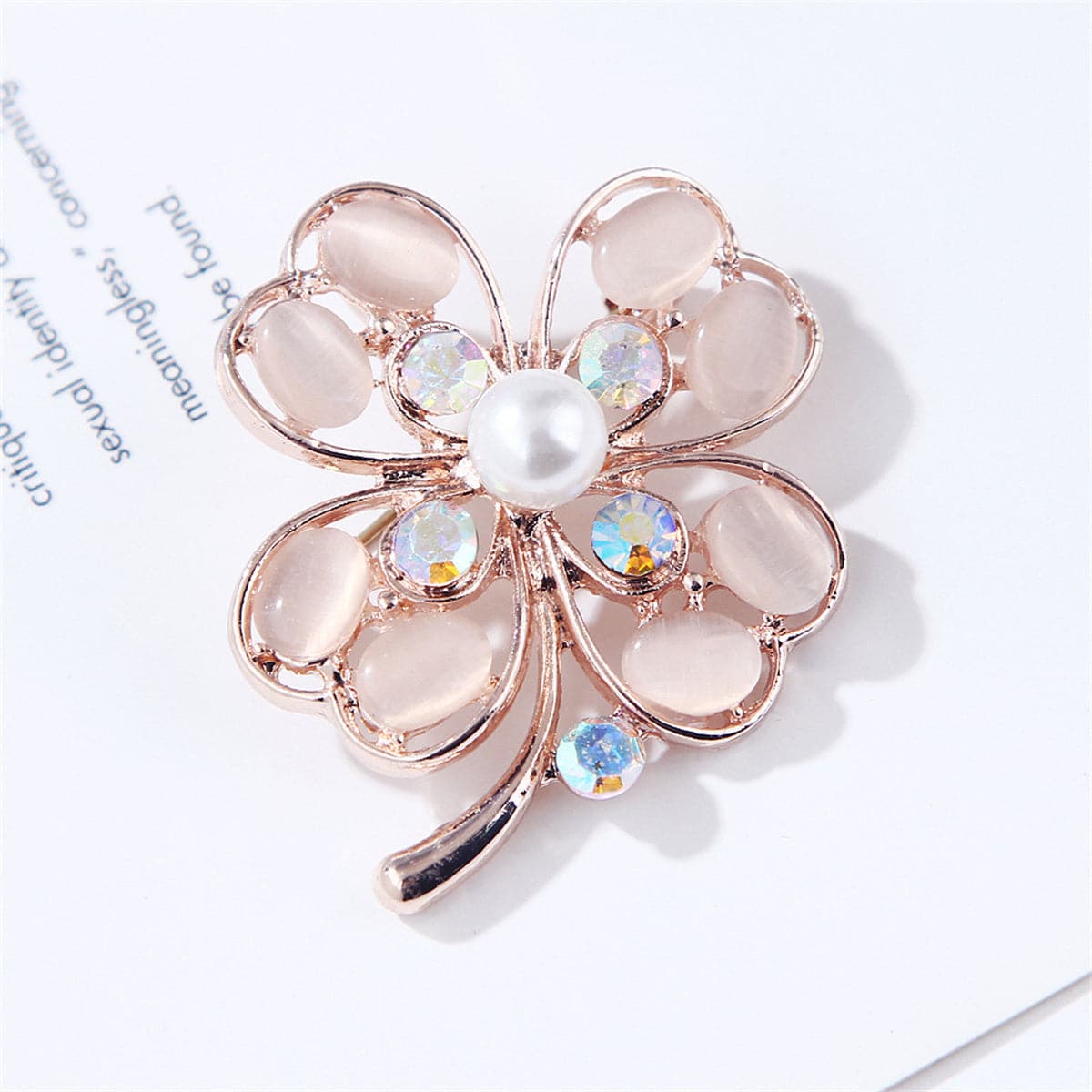 Cateye & Pearl Cubic Zirconia 18K Gold-Plated Clover Brooch