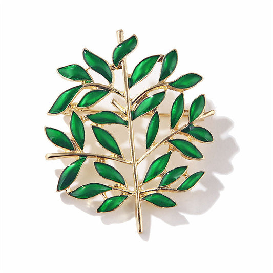 Green Enamel and 18K Gold-Plated Tree Brooch, gold brooch pin, dainty minimalist design, front view
