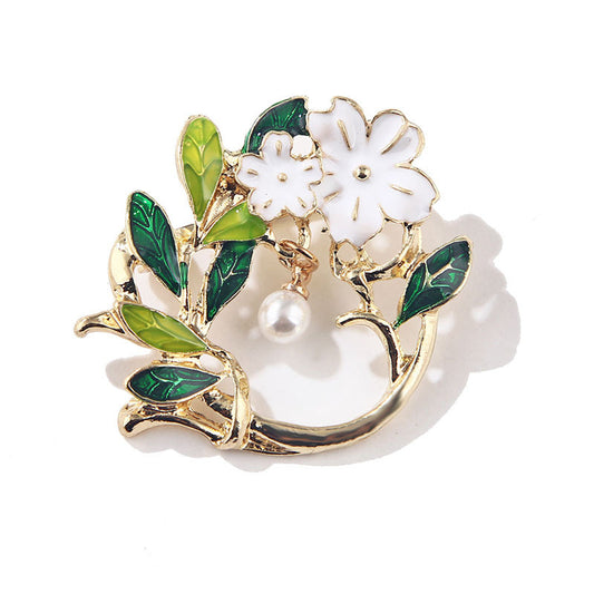 Pearl and Green Enamel 18K Gold-Plated Gardenia Drop Brooch, gold brooch pin, botanical inspired, front view