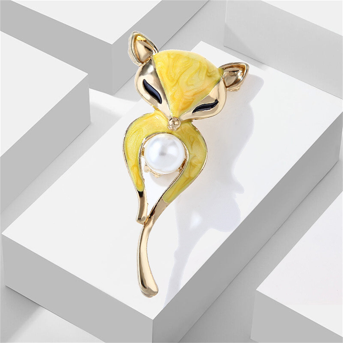 Pearl and Enamel 18K Gold-Plated Fox Brooch, gold brooch pin, elegant gift for her, front view