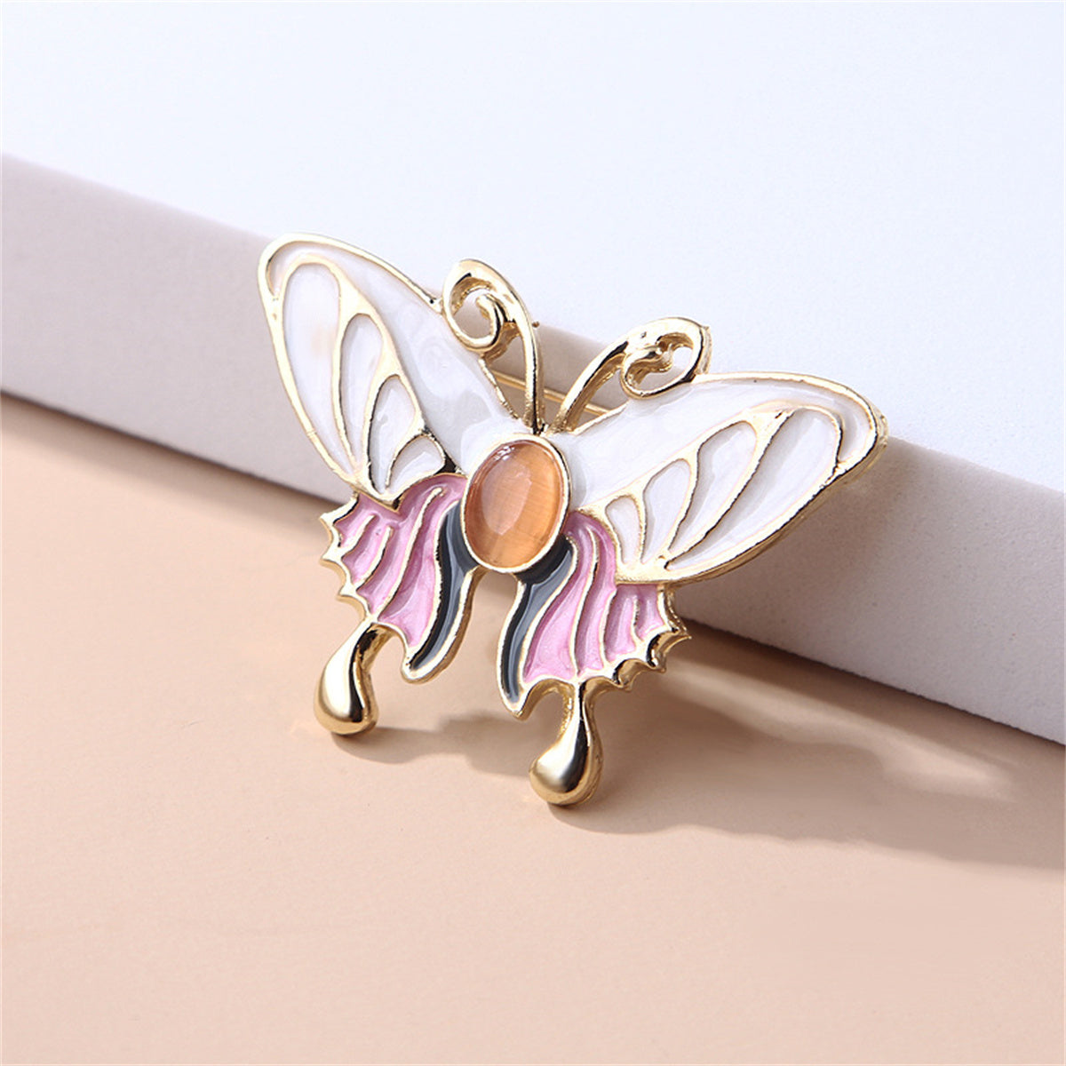 White Enamel & Cat Eye 18K Gold-Plated Butterfly Brooch