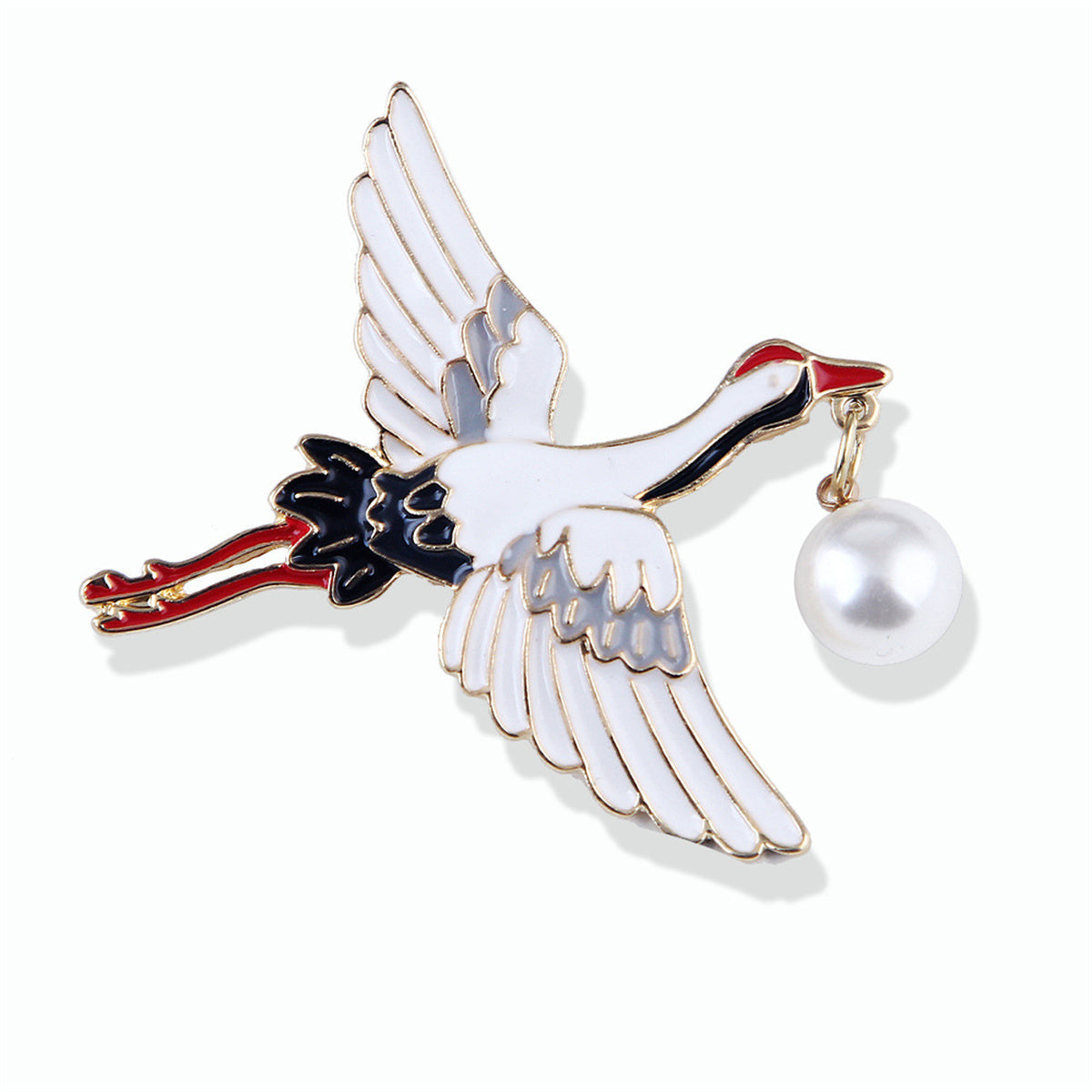 Pearl & White Enamel 18K Gold-Plated Crane Brooch