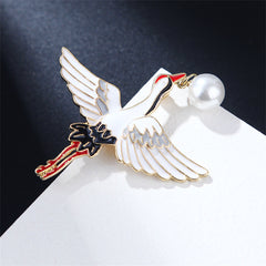 Pearl & White Enamel 18K Gold-Plated Crane Brooch