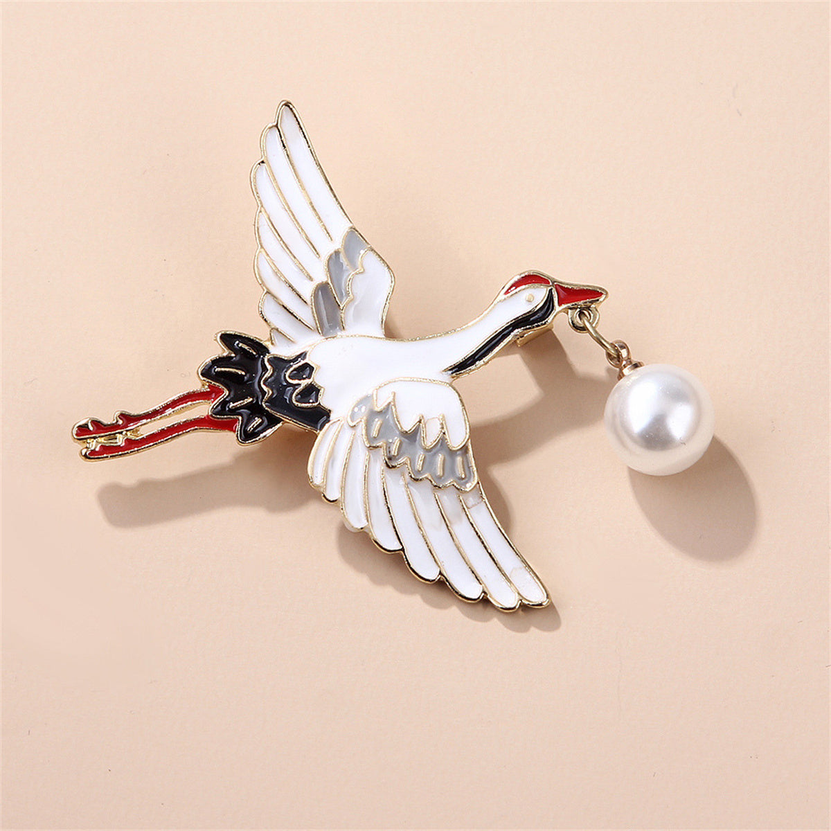 Pearl & White Enamel 18K Gold-Plated Crane Brooch