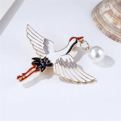 Pearl & White Enamel 18K Gold-Plated Crane Brooch