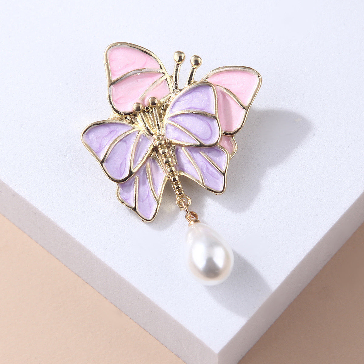 Pink & Purple Enamel Double Butterfly Brooch