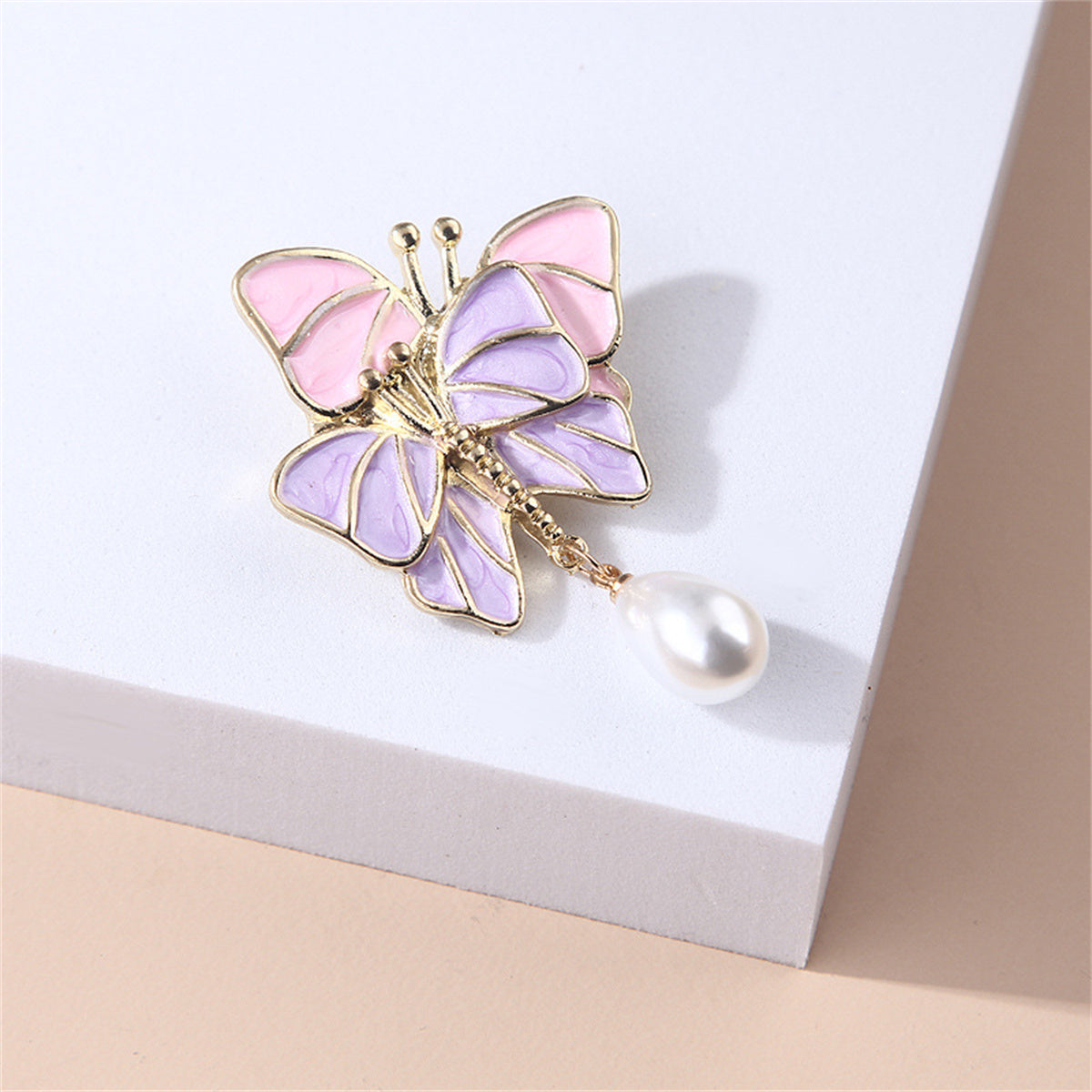 Pink & Purple Enamel Double Butterfly Brooch