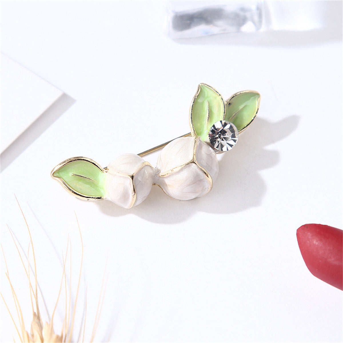Cubic Zirconia & Green Enamel Magnolia Brooch