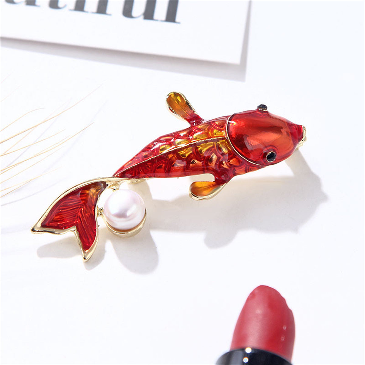 Pearl & Red Enamel 18K Gold-Plated Goldfish Brooch