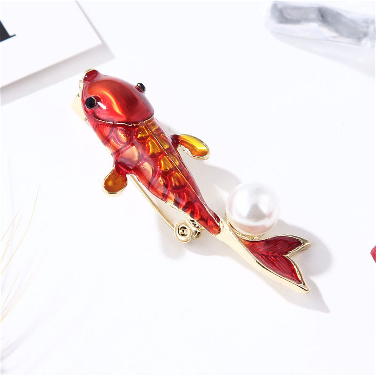 Pearl & Red Enamel 18K Gold-Plated Goldfish Brooch