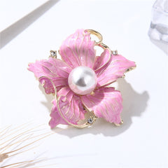 Pink Enamel & Pearl 18K Gold-Plated Flower Brooch