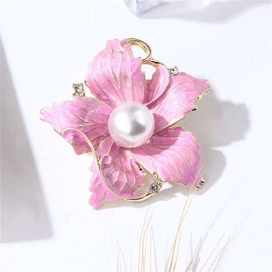 Pink Enamel and Pearl 18K Gold-Plated Flower Brooch, gold brooch pin, vintage-inspired design, front view