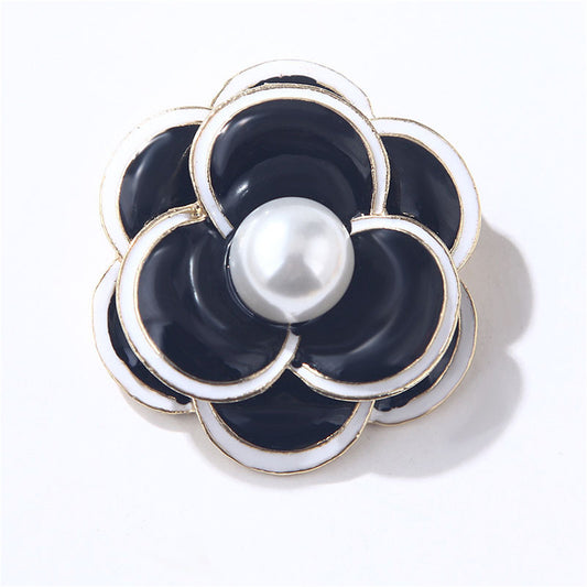 Pearl and Black Enamel 18K Gold-Plated Flower Brooch, gold brooch pin, botanical inspired, front view