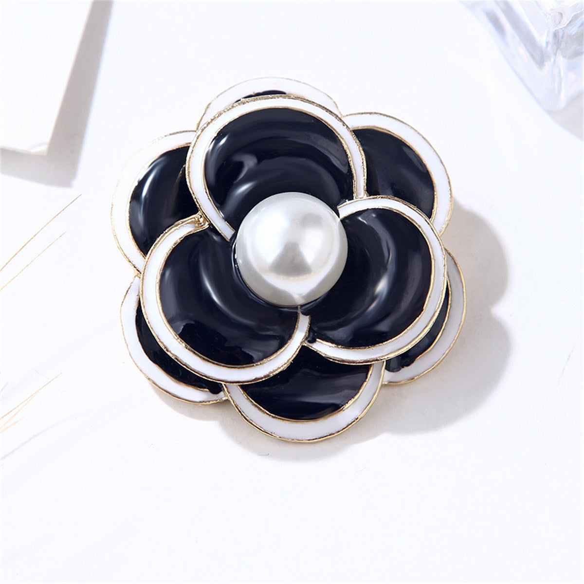 Pearl & Black Enamel 18K Gold-Plated Flower Brooch