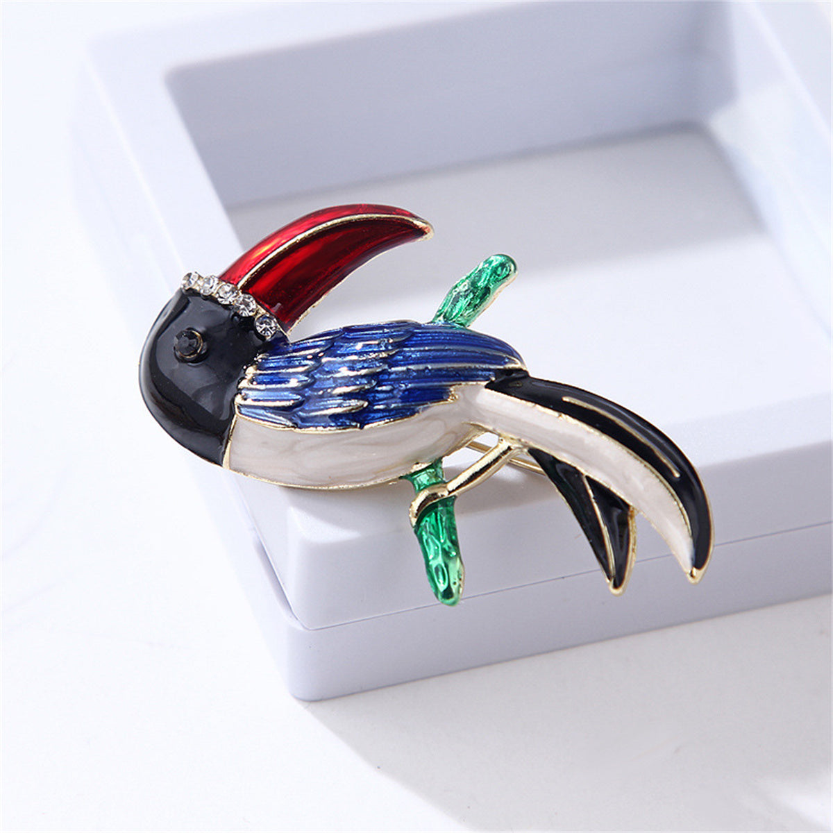 Cubic Zirconia & Blue Enamel Parrot Brooch