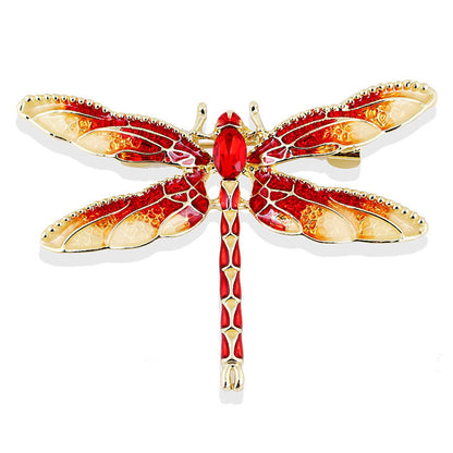 Red Crystal and Enamel 18K Gold-Plated Dragonfly Brooch, gold brooch pin, botanical inspired, front view