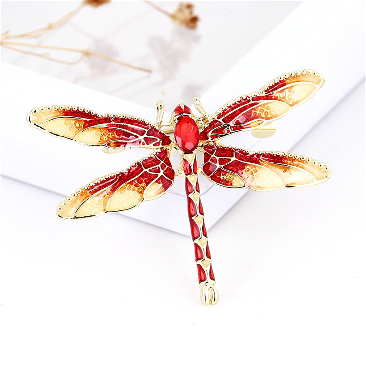 Red Crystal and Enamel 18K Gold-Plated Dragonfly Brooch, gold brooch pin, botanical inspired, detail close-up