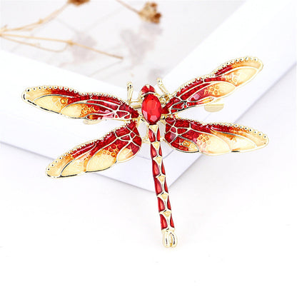 Red Crystal and Enamel 18K Gold-Plated Dragonfly Brooch, gold brooch pin, botanical inspired, detail close-up