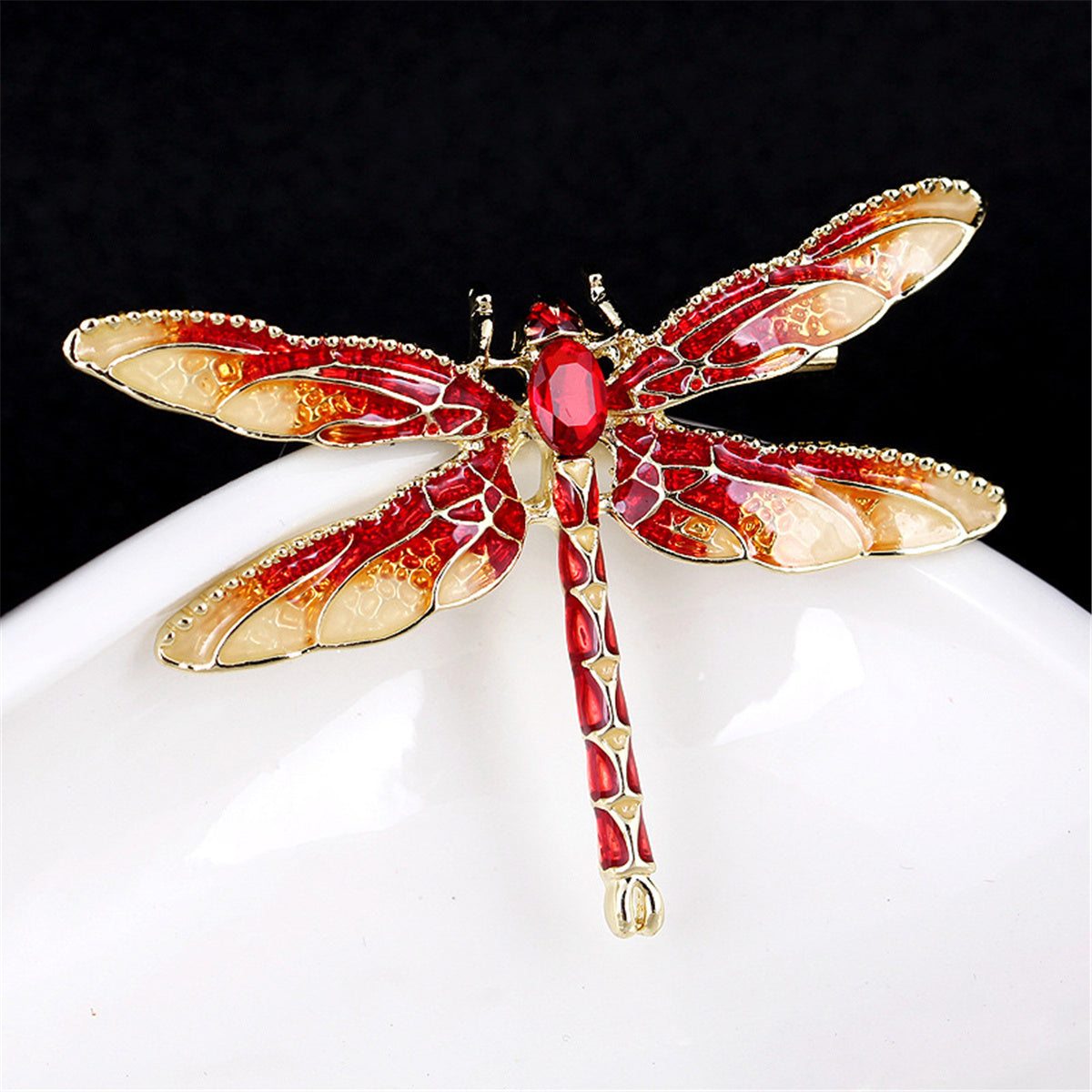Red Crystal and Enamel 18K Gold-Plated Dragonfly Brooch, gold brooch pin, botanical inspired, lifestyle look