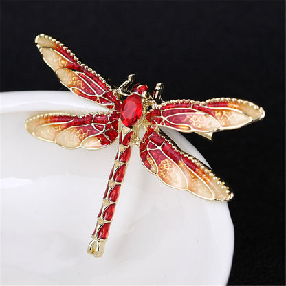 Red Crystal and Enamel 18K Gold-Plated Dragonfly Brooch, gold brooch pin, botanical inspired, styled look