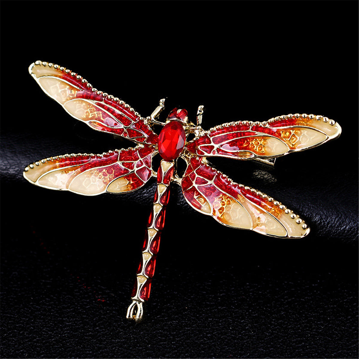 Red Crystal and Enamel 18K Gold-Plated Dragonfly Brooch, gold brooch pin, botanical inspired, side view