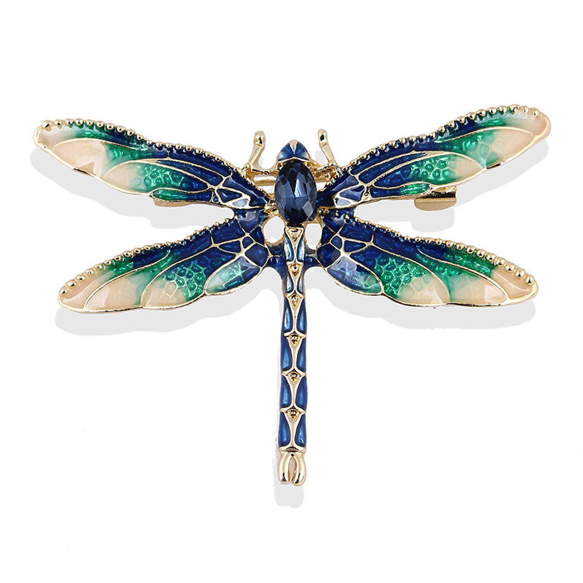 Blue Crystal and Enamel 18K Gold-Plated Dragonfly Brooch, gold brooch pin, botanical inspired, front view