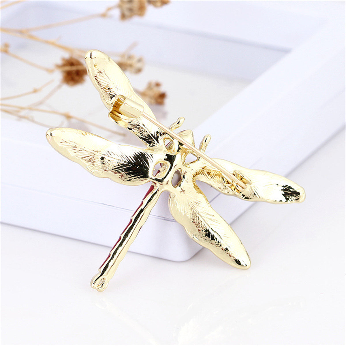 Blue Crystal and Enamel 18K Gold-Plated Dragonfly Brooch, gold brooch pin, botanical inspired, styled look