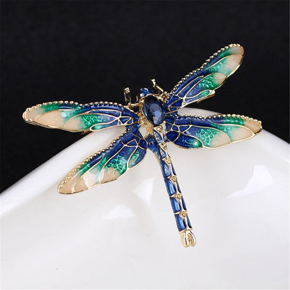 Blue Crystal and Enamel 18K Gold-Plated Dragonfly Brooch, gold brooch pin, botanical inspired, detail close-up
