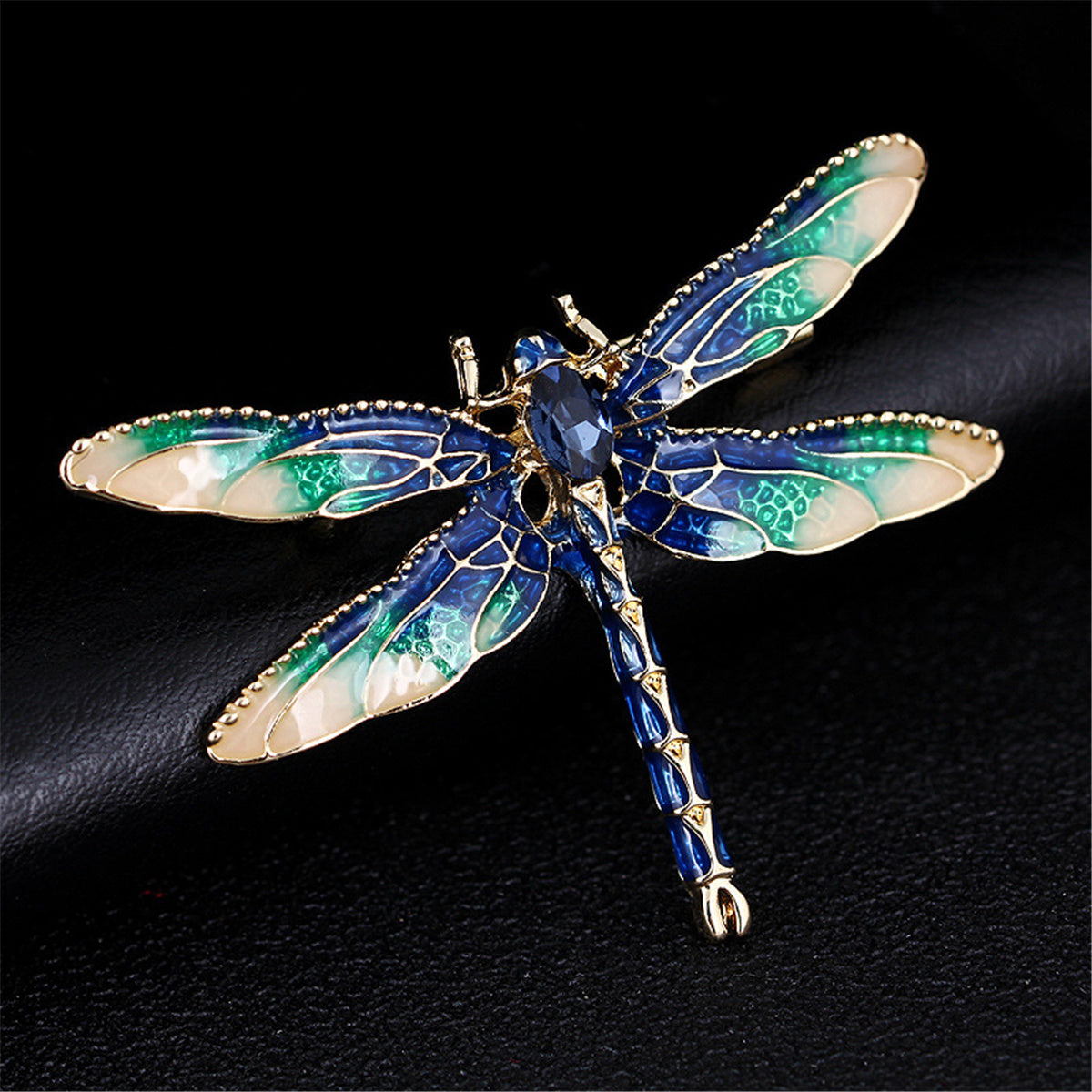 Blue Crystal and Enamel 18K Gold-Plated Dragonfly Brooch, gold brooch pin, botanical inspired, side view
